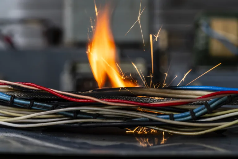 Flames, sparks, smoke between electrical cables, closeup. Short circuit in the twisted wires from the electrical devices, fire hazard concept